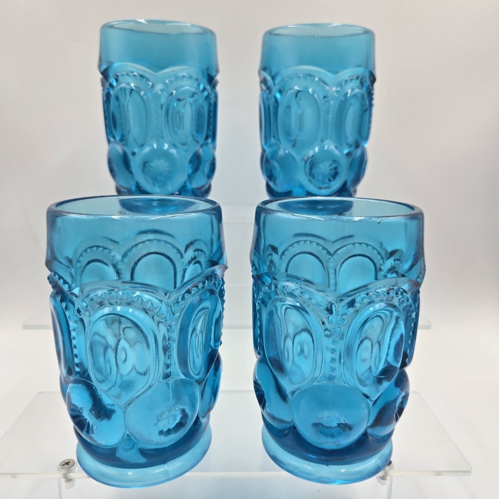 Vtg‎ L.E. Smith Colonial Blue 11oz Tumbler Cup Glows Green 4pc Set Moons & Stars